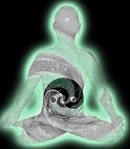 An illustration of a human body with Qi circulating around a Yin Yang symbol over the Tan Ti en. The Qi unites body, mind and spirit.